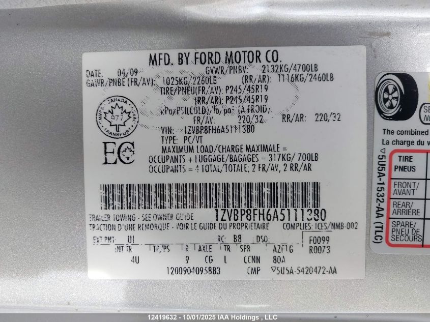 2010 Ford Mustang Gt VIN: 1ZVBP8FH6A5111380 Lot: 12419632