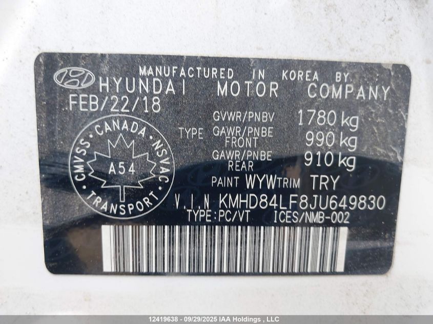 2018 Hyundai Elantra Sel/Value/Limited VIN: KMHD84LF8JU649830 Lot: 12419638