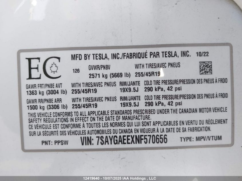 2022 Tesla Model Y Long Range VIN: 7SAYGAEEXNF570656 Lot: 12419640