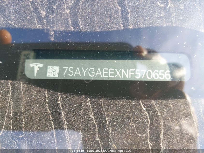 2022 Tesla Model Y Long Range VIN: 7SAYGAEEXNF570656 Lot: 12419640