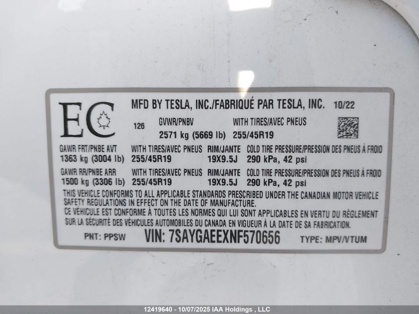 2022 Tesla Model Y Long Range VIN: 7SAYGAEEXNF570656 Lot: 12419640