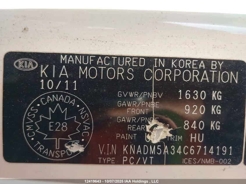 2012 Kia Rio Ex/Lx/Lx+/Sx VIN: KNADM5A34C6714191 Lot: 12419643