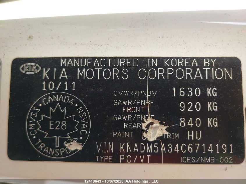2012 Kia Rio Ex/Lx/Lx+/Sx VIN: KNADM5A34C6714191 Lot: 12419643