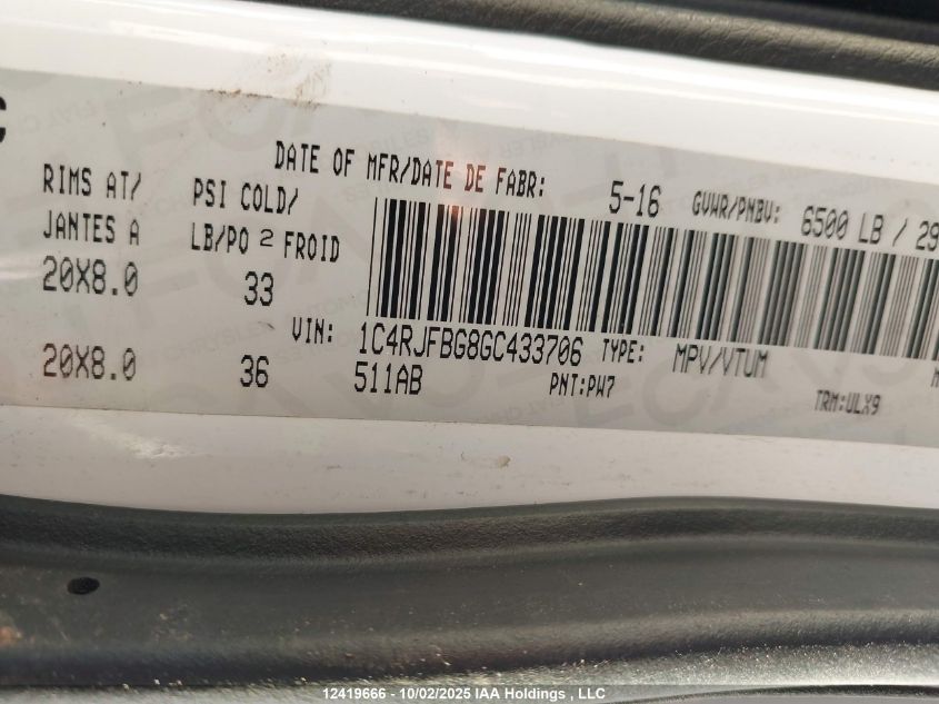 2016 Jeep Grand Cherokee Limited VIN: 1C4RJFBG8GC433706 Lot: 12419666