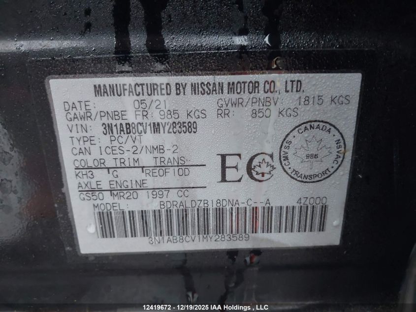 2021 Nissan Sentra VIN: 3N1AB8CV1MY283589 Lot: 12419672