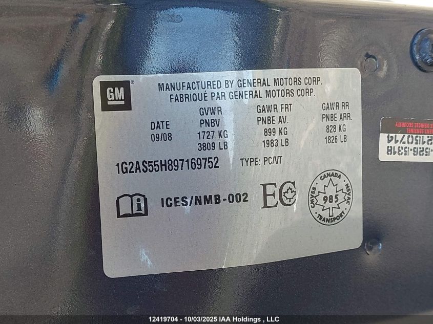 2009 Pontiac G5 VIN: 1G2AS55H897169752 Lot: 12419704