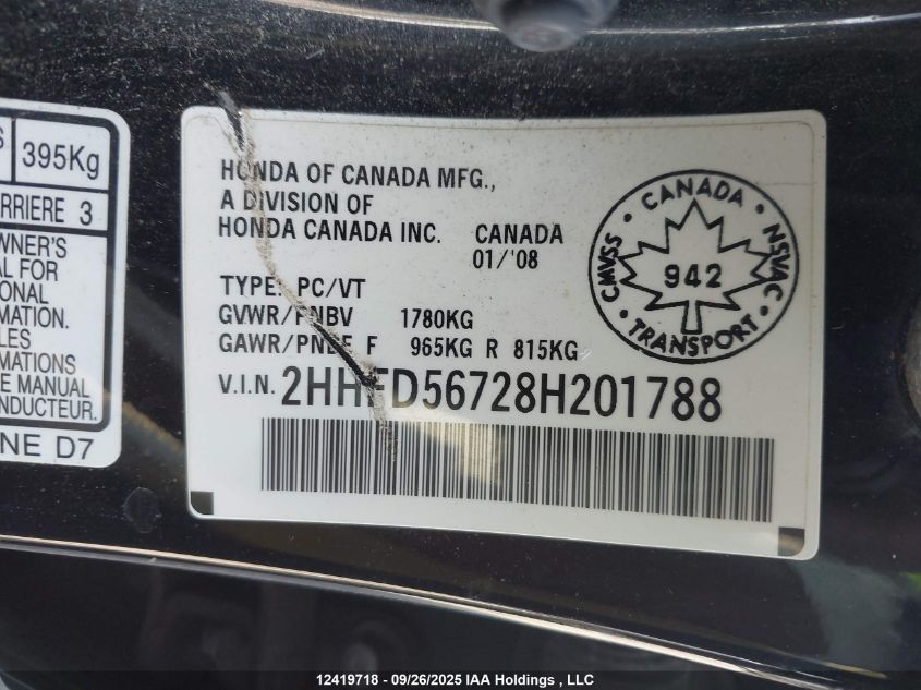 2008 Acura Csx Technology VIN: 2HHFD56728H201788 Lot: 12419718