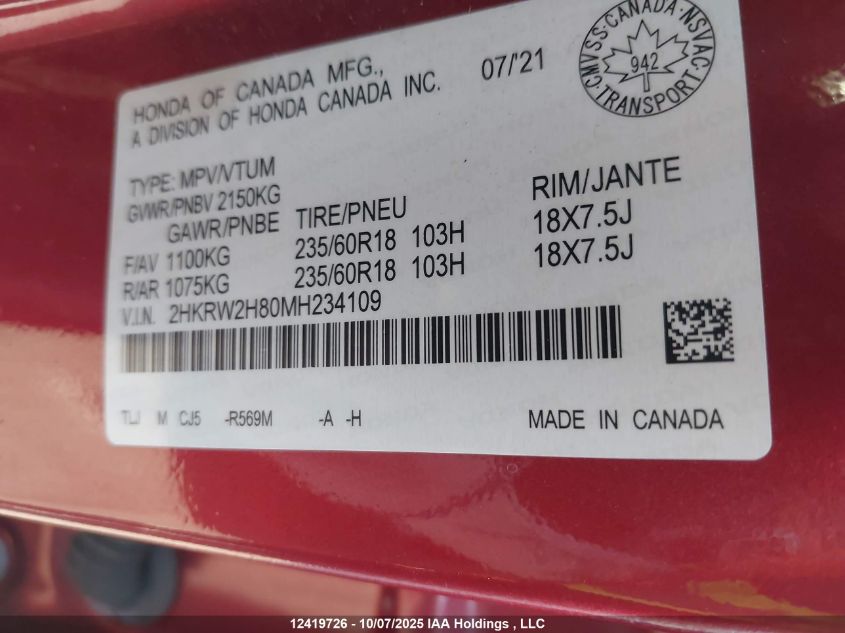 2021 Honda Cr-V Exl VIN: 2HKRW2H80MH234109 Lot: 12419726