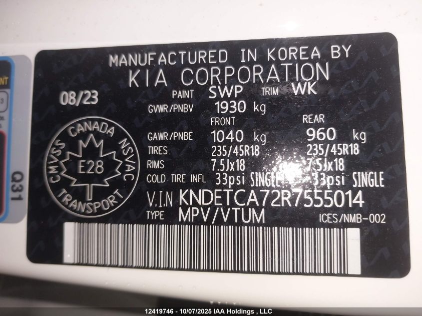 2024 Kia Seltos Sx Turbo W/Black Interior/Sx Turbo W/Burgundy Interior/X-Line VIN: KNDETCA72R7555014 Lot: 12419746