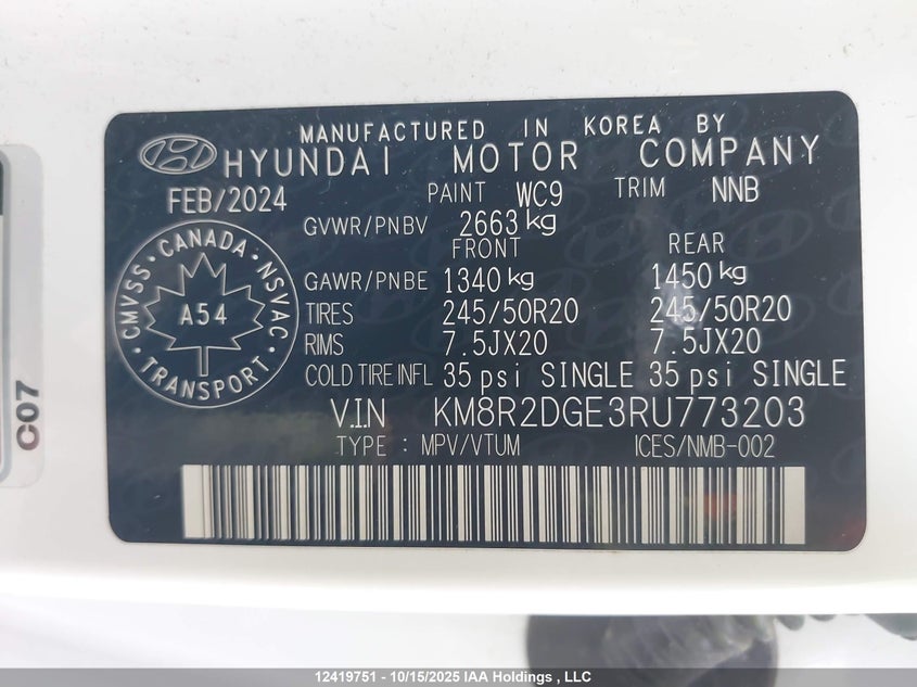 KM8R2DGE3RU773203 2024 HYUNDAI PALISADE photo no. 9