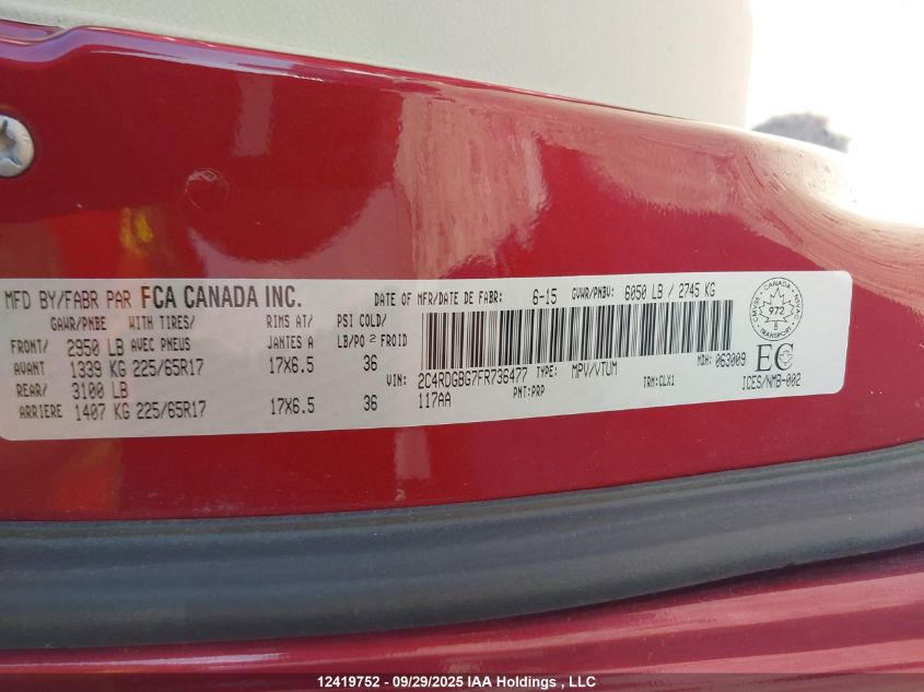 2015 Dodge Grand Caravan Se/Sxt VIN: 2C4RDGBG7FR736477 Lot: 12419752