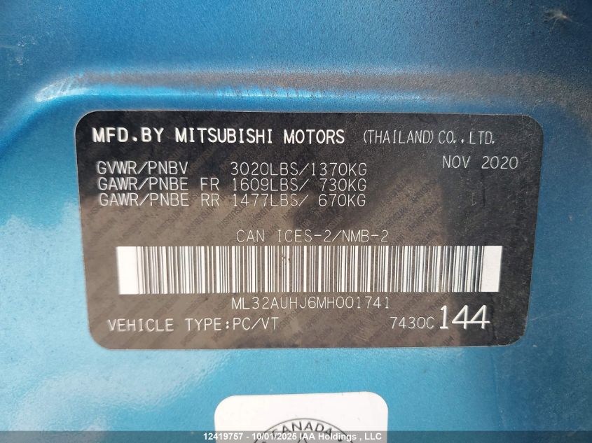 2021 Mitsubishi Mirage VIN: ML32AUHJ6MH001741 Lot: 12419757