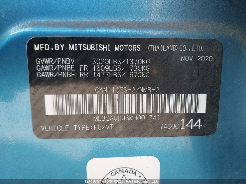 2021 Mitsubishi Mirage VIN: ML32AUHJ6MH001741 Lot: 12419757