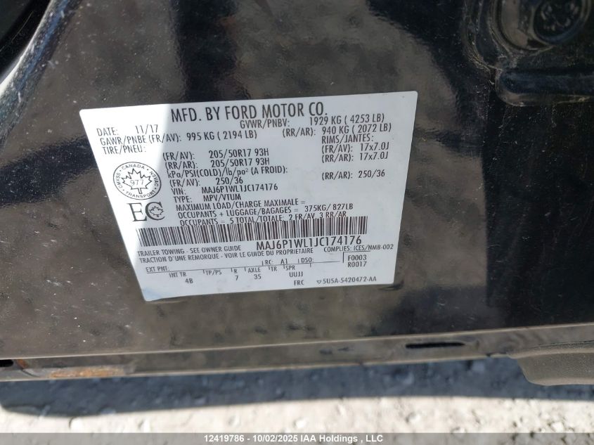 2018 Ford Ecosport Titanium VIN: MAJ6P1WL1JC174176 Lot: 12419786