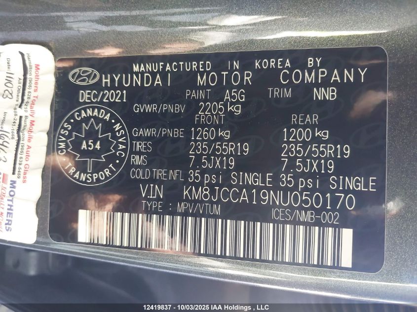 2022 Hyundai Tucson Ultimate Hybrid Awd VIN: KM8JCCA19NU050170 Lot: 12419837