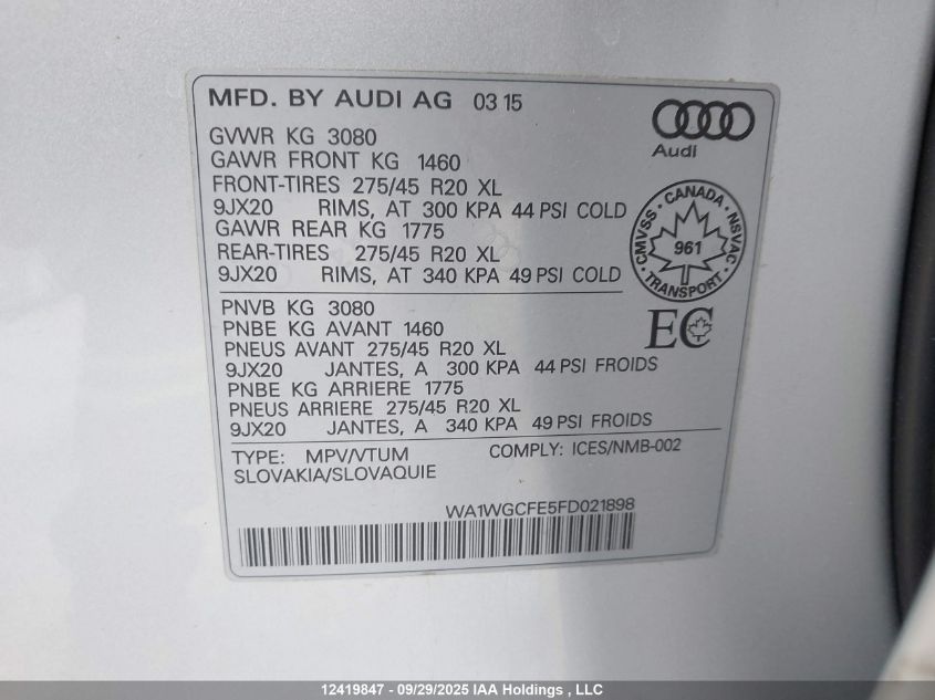 2015 Audi Q7 VIN: WA1WGCFE5FD021898 Lot: 12419847