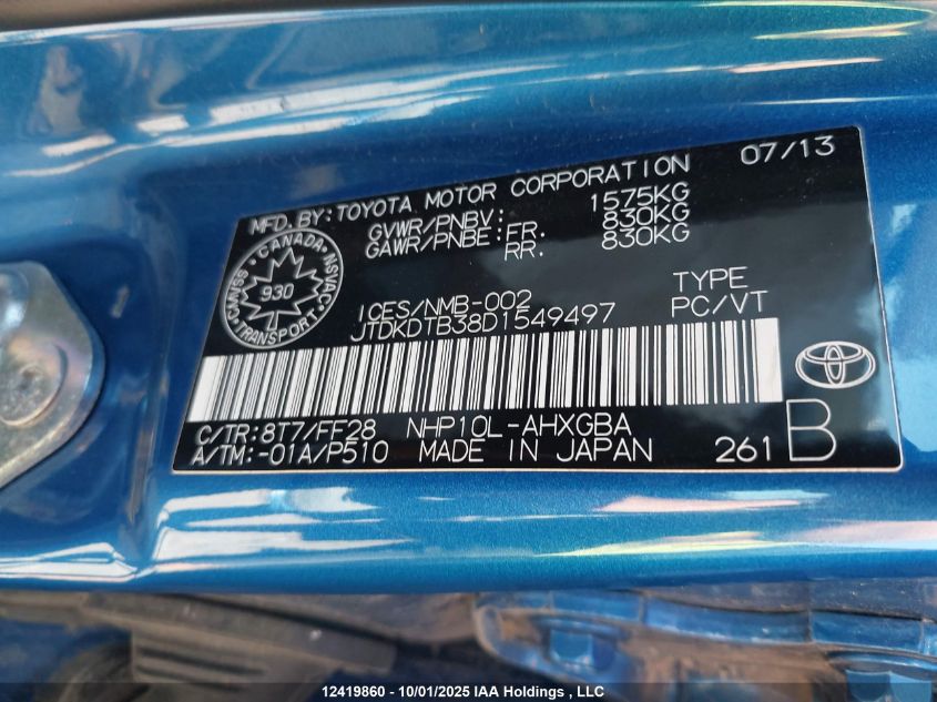 2013 Toyota Prius C Technology VIN: JTDKDTB38D1549497 Lot: 12419860