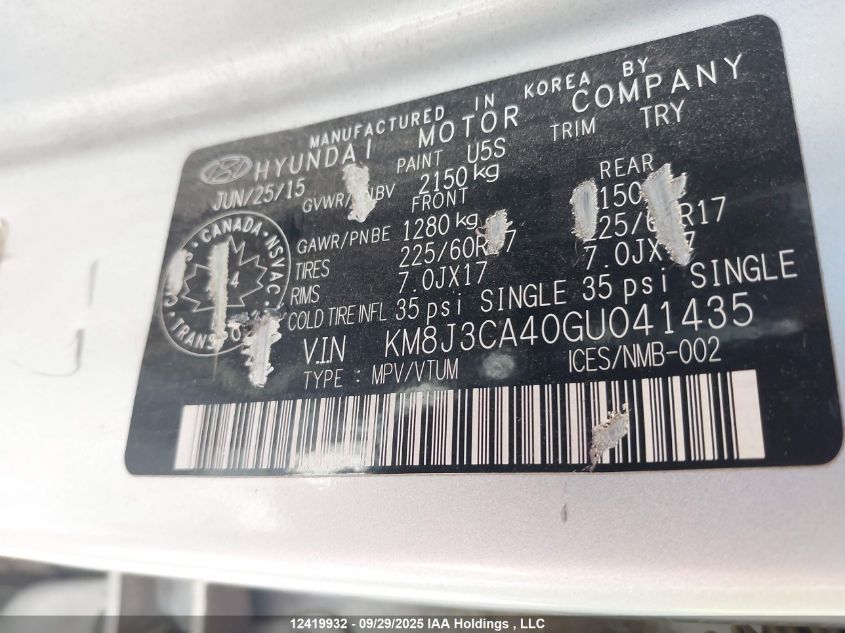 2016 Hyundai Tucson Premium VIN: KM8J3CA40GU041435 Lot: 12419932