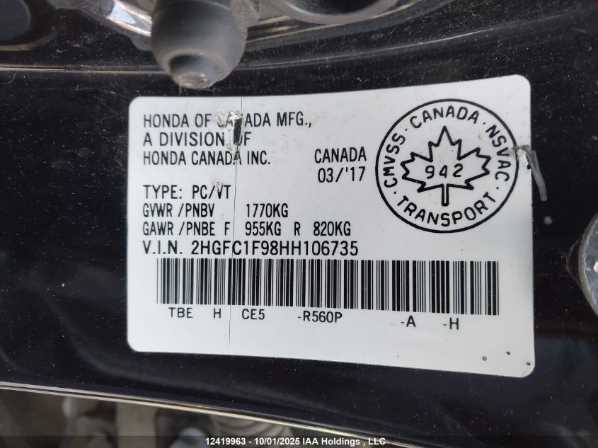 2017 Honda Civic Touring VIN: 2HGFC1F98HH106735 Lot: 12419963