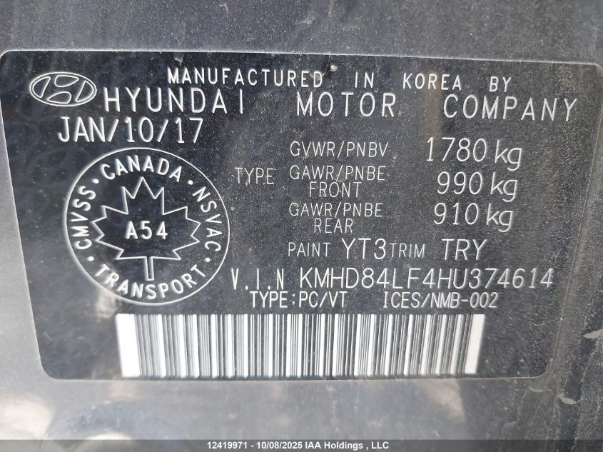 2017 Hyundai Elantra Se/Value/Limited VIN: KMHD84LF4HU374614 Lot: 12419971