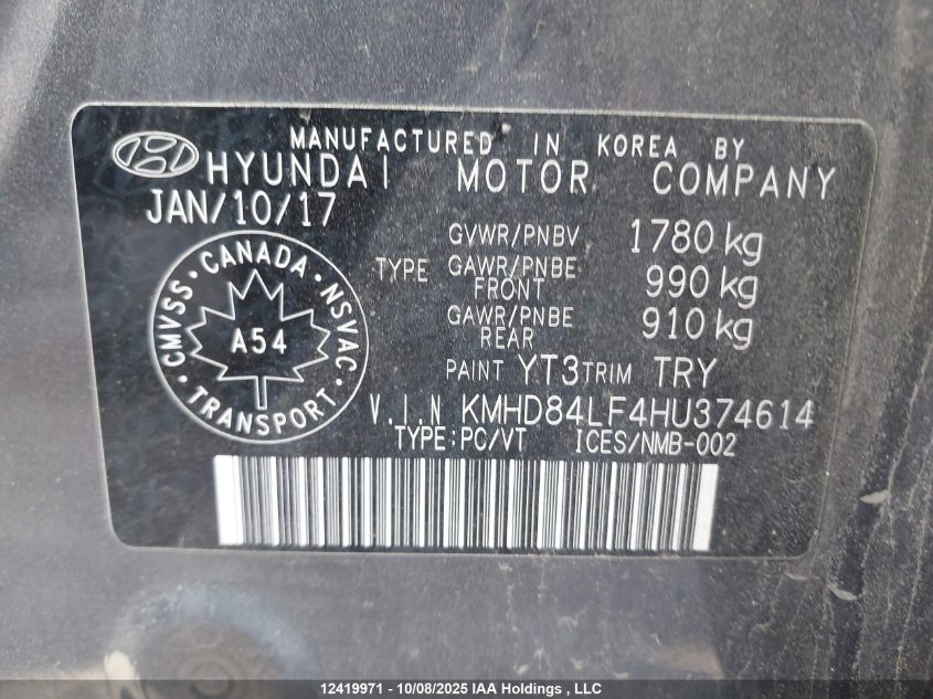 2017 Hyundai Elantra Se/Value/Limited VIN: KMHD84LF4HU374614 Lot: 12419971