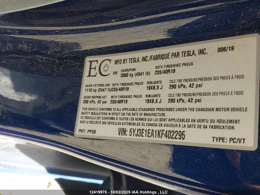 2019 Tesla Model 3 Long Range/Mid Range/Standard Range/Standard Range Plus VIN: 5YJ3E1EA1KF402295 Lot: 12419975