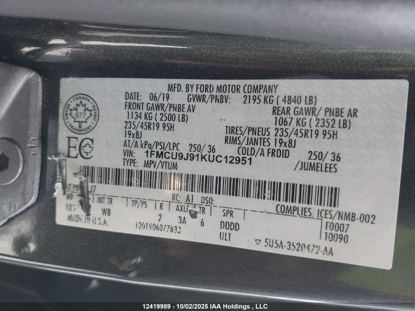 2019 Ford Escape Titanium VIN: 1FMCU9J91KUC12951 Lot: 12419989