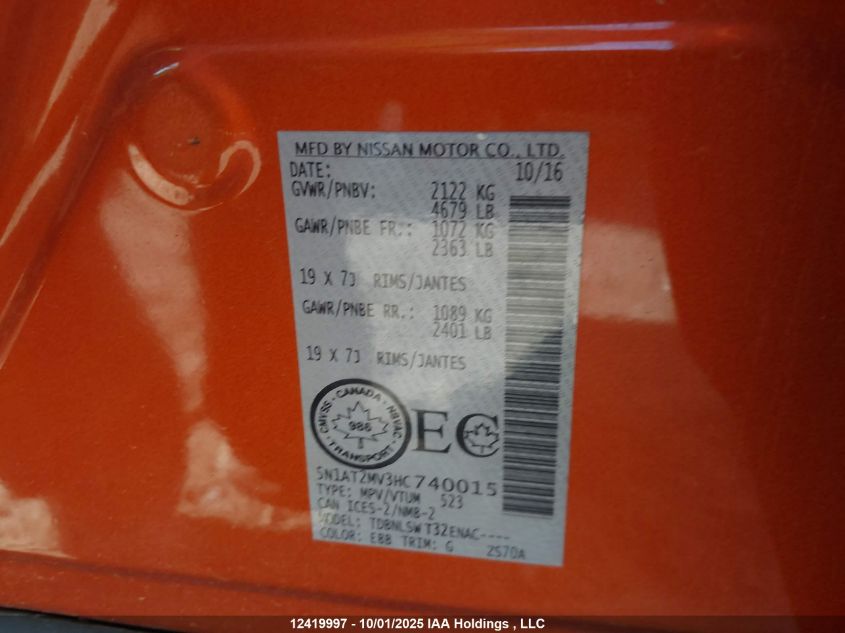 2017 Nissan Rogue Sv/Sl VIN: 5N1AT2MV3HC740015 Lot: 12419997
