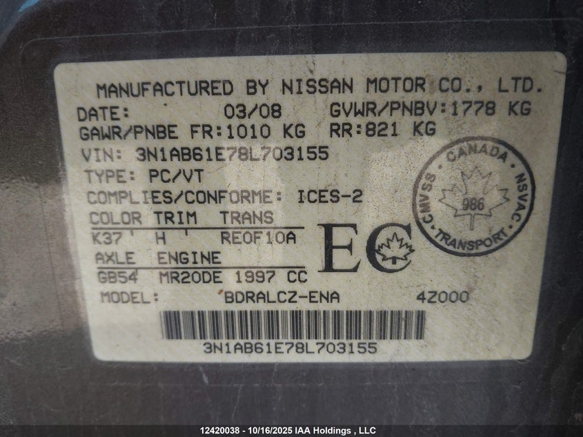 3N1AB61E78L703155 2008 NISSAN SENTRA photo no. 9