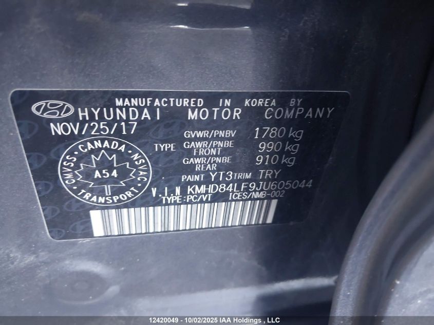 2018 Hyundai Elantra Sel/Value/Limited VIN: KMHD84LF9JU605044 Lot: 12420049