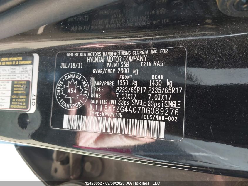 2011 Hyundai Santa Fe Gl 3.5 VIN: 5XYZG4AG7BG089276 Lot: 12420052