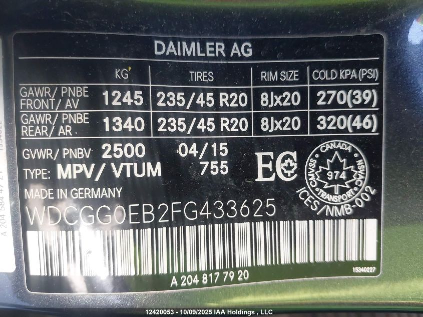 2015 Mercedes-Benz Glk 250 Bluetec 4Matic VIN: WDCGG0EB2FG433625 Lot: 12420053