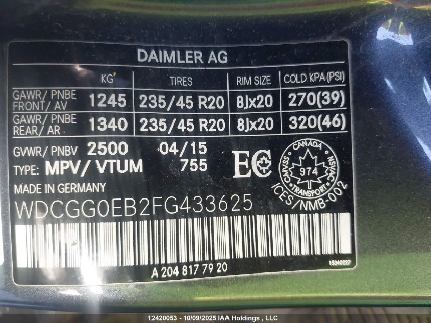 2015 Mercedes-Benz Glk 250 Bluetec 4Matic VIN: WDCGG0EB2FG433625 Lot: 12420053