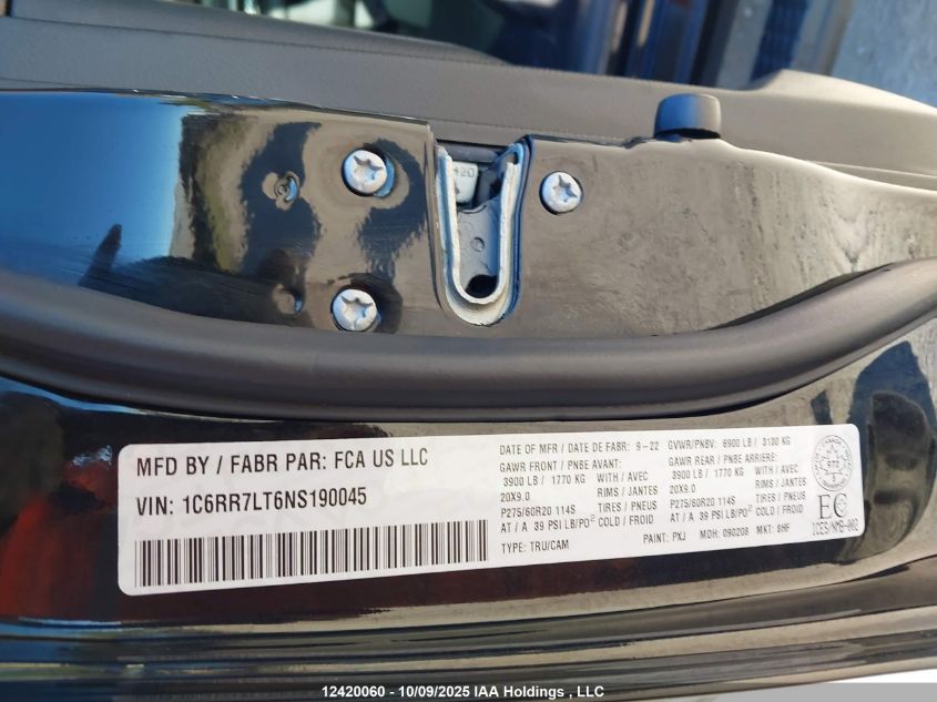 2022 Ram 1500 Classic Slt VIN: 1C6RR7LT6NS190045 Lot: 12420060