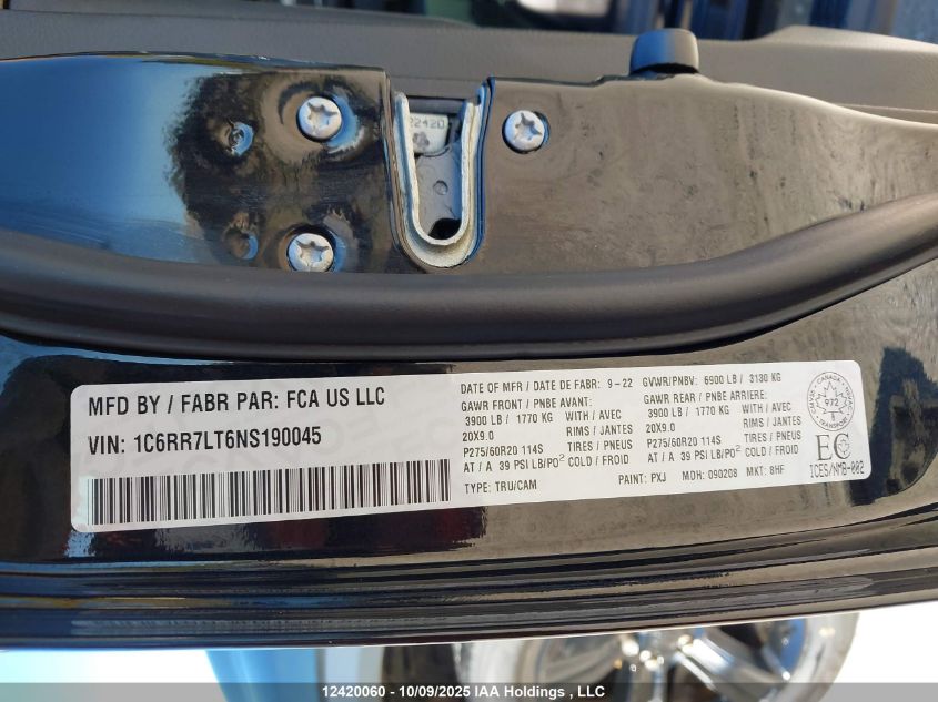 2022 Ram 1500 Classic Slt VIN: 1C6RR7LT6NS190045 Lot: 12420060