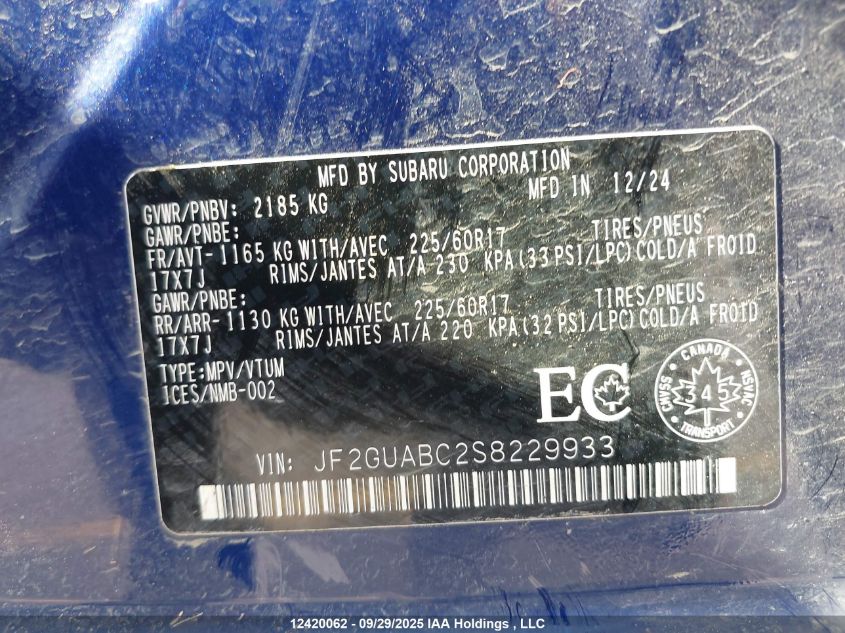 2025 Subaru Crosstrek VIN: JF2GUABC2S8229933 Lot: 12420062