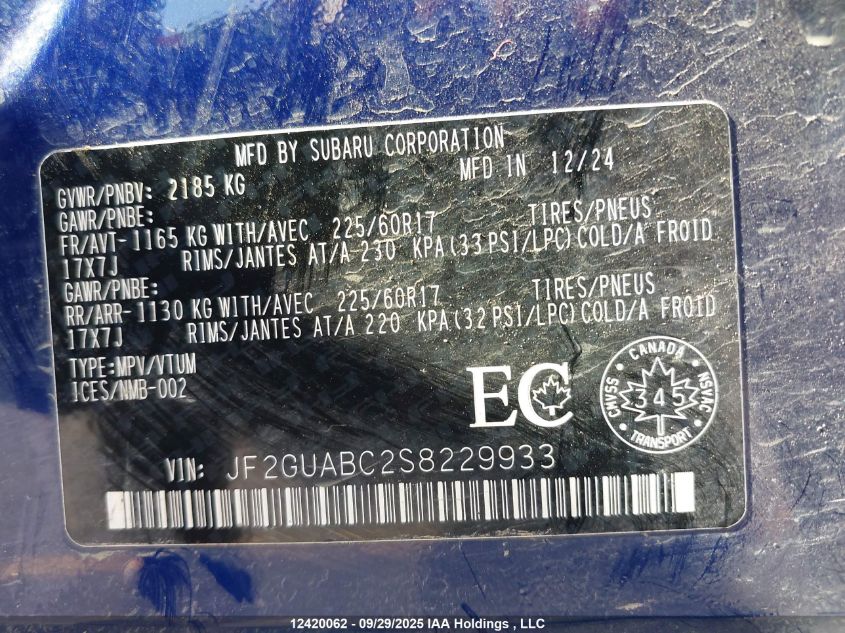 2025 Subaru Crosstrek VIN: JF2GUABC2S8229933 Lot: 12420062