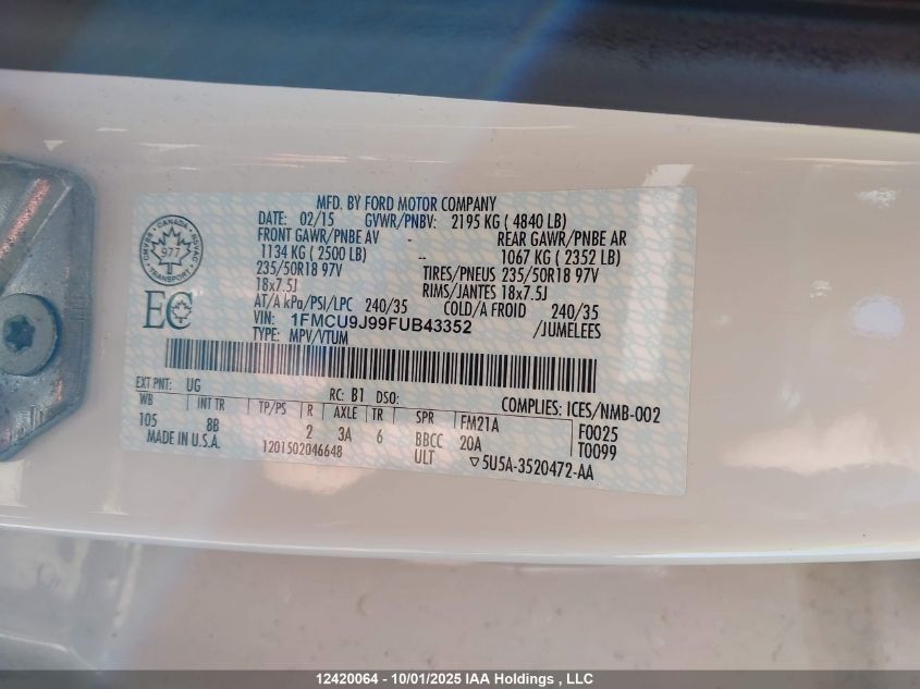 2015 Ford Escape Titanium VIN: 1FMCU9J99FUB43352 Lot: 12420064