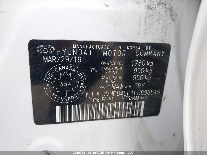 2020 Hyundai Elantra Preferred With Sun And Safety Package Auto Ivt VIN: KMHD84LF1LU898845 Lot: 12420072