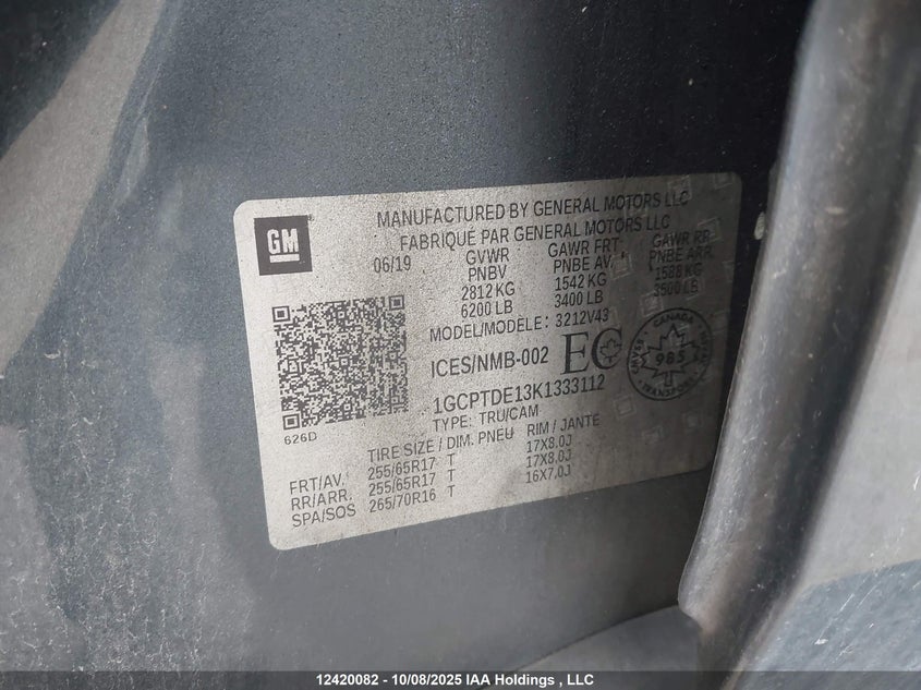 1GCPTDE13K1333112 2019 CHEVROLET COLORADO photo no. 9