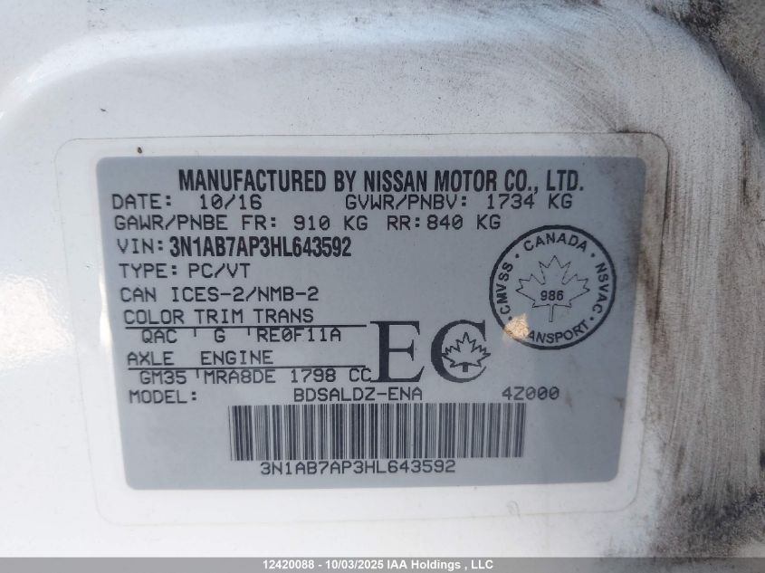 2017 Nissan Sentra 1.8 S/1.8 Sl/1.8 Sv VIN: 3N1AB7AP3HL643592 Lot: 12420088