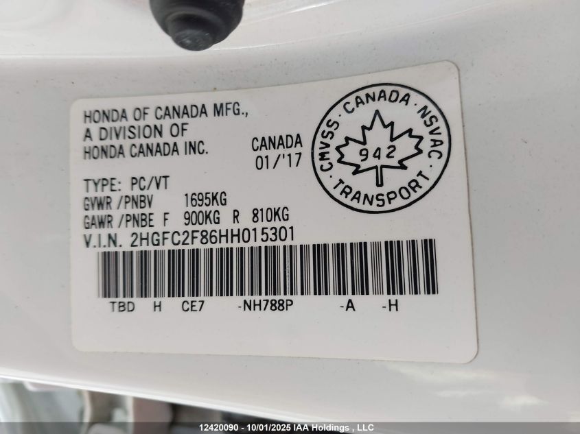 2017 Honda Civic VIN: 2HGFC2F86HH015301 Lot: 12420090