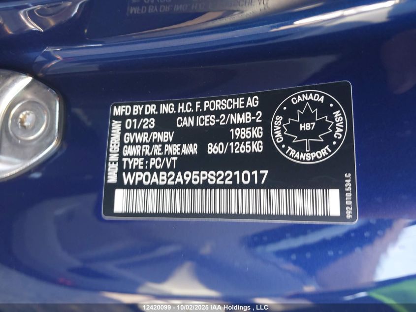 2023 Porsche 911 VIN: WP0AB2A95PS221017 Lot: 12420099