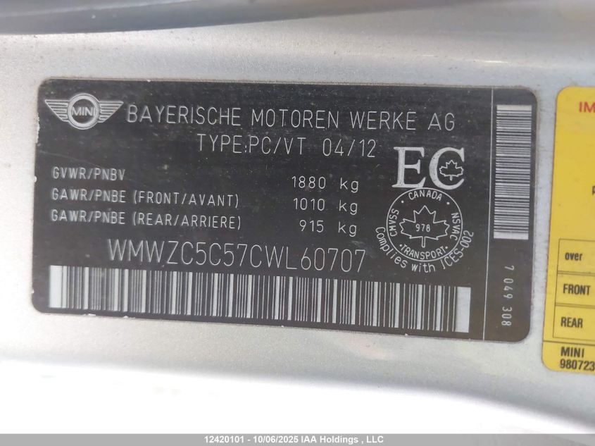 2012 Mini Cooper S Countryman VIN: WMWZC5C57CWL60707 Lot: 12420101