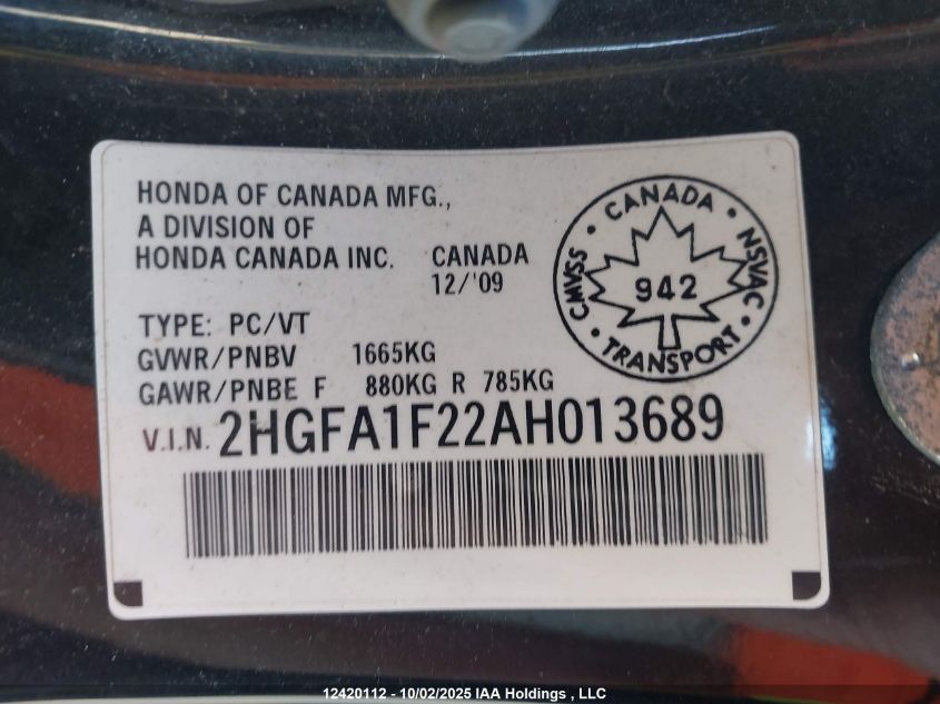 2010 Honda Civic VIN: 2HGFA1F22AH013689 Lot: 12420112