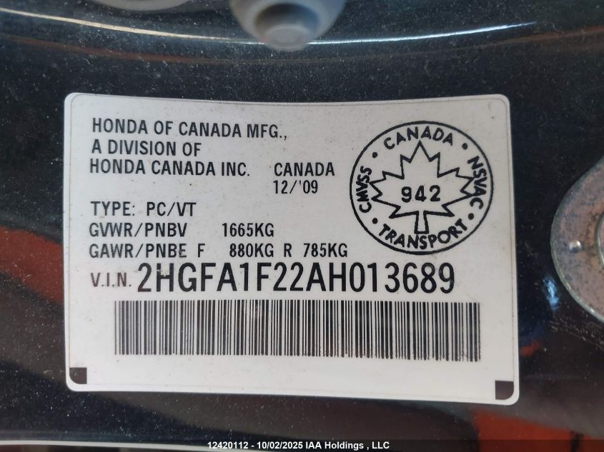 2010 Honda Civic VIN: 2HGFA1F22AH013689 Lot: 12420112