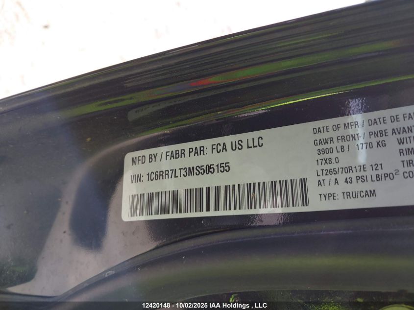 2021 Ram 1500 Classic Slt VIN: 1C6RR7LT3MS505155 Lot: 12420148