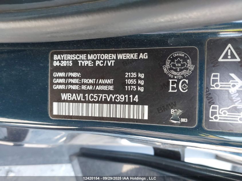 2015 BMW X1 xDrive28I VIN: WBAVL1C57FVY39114 Lot: 12420154