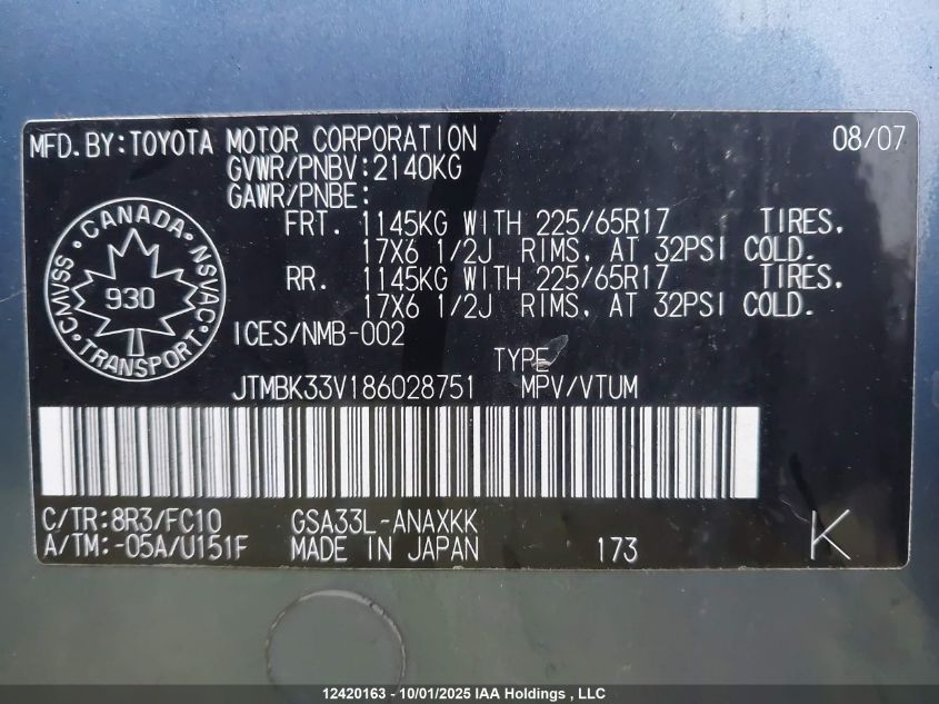 2008 Toyota Rav4 Base V6 VIN: JTMBK33V186028751 Lot: 12420163