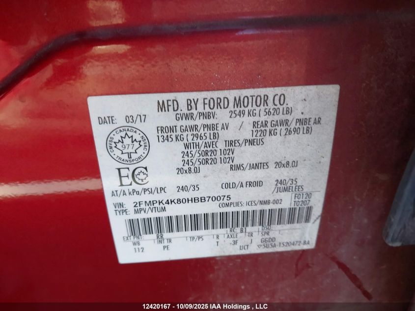 2017 Ford Edge Titanium VIN: 2FMPK4K80HBB70075 Lot: 12420167